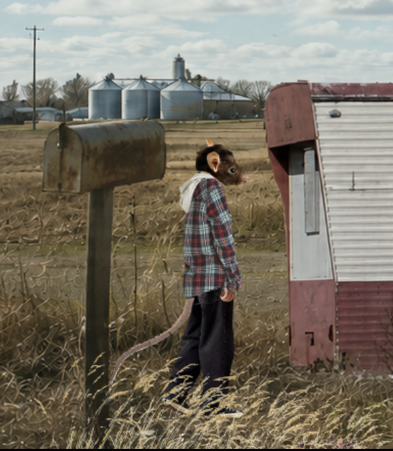 ratwest — a rat-headed man in a plaid shirt at a rural mailbox